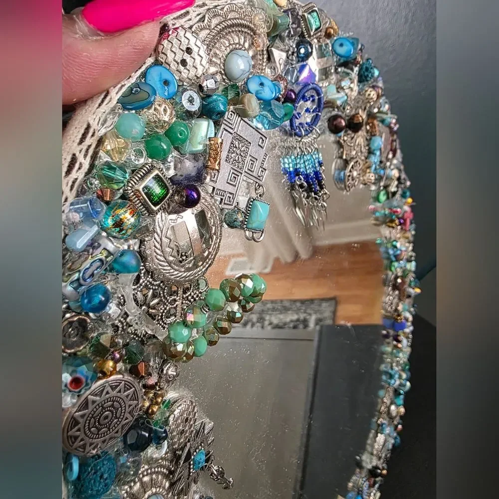 Handmade Jewelled Mirror Oval Wall Mirror Wall Art Bohemian 13x9x0.5'D